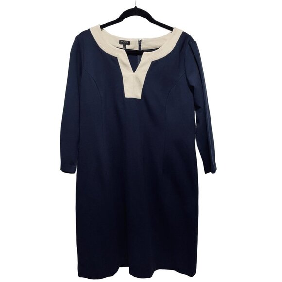 NWT Talbots Navy Blue Ponte Knit V-Neck 3/4 Sleeve Sheath Dress Women's 14P - Picture 1 of 5